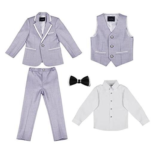 DAIHAN vestito da ragazzo per bambini completi da gentiluomo abbigliamento performance di cena di fine anno smoking da cerimonia gilet blazer pantaloni elastici in vita con papillon 2-7 anni grigio-5pcs 150