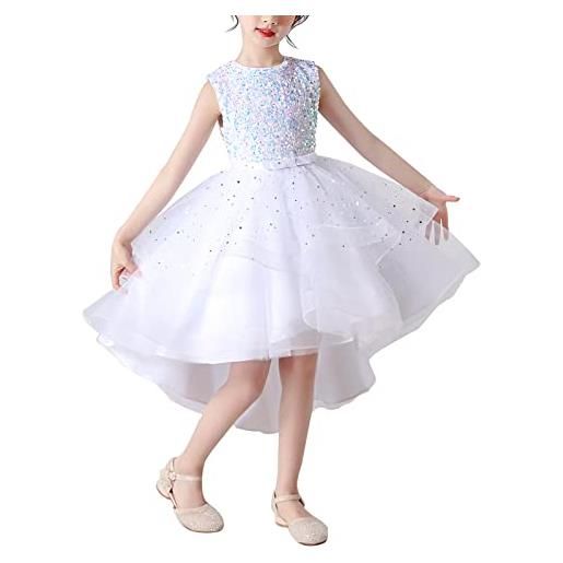 AIEOE vestito ragazza elegante estivo senza maniche abito bambina con zip tulle paillettes per festa cerimonia adatto da 7-8 anni bianco