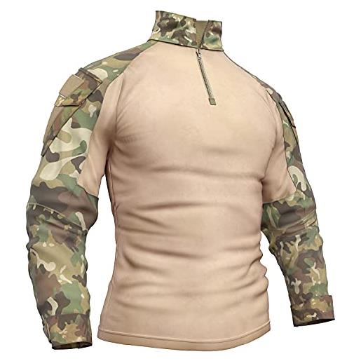 Memoryee uomo tattica militare camicia maniche lunghe combattimento t-shirt camo slim fit con cerniera tasche 1/4/khaki/xl