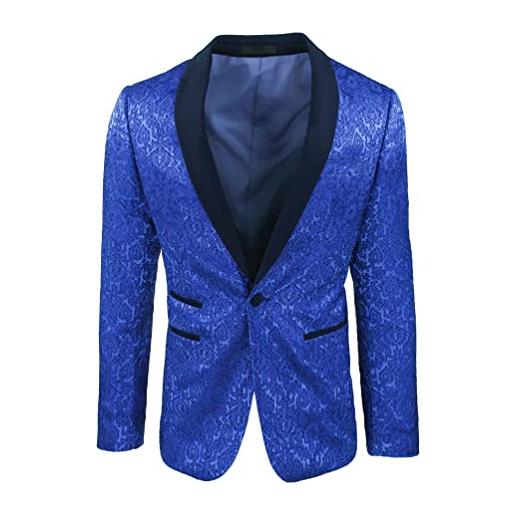 Evoga giacca uomo sartoriale raso floreale damascata blazer elegante cerimonia (s, blu)