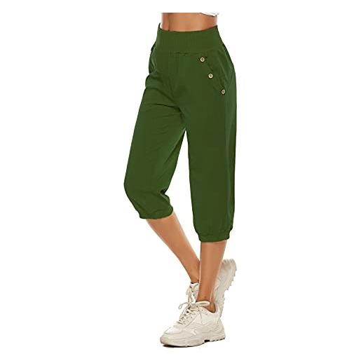 Shujin pantaloni da donna in cotone e lino, estivi, leggeri, lunghezza a 3/4, da donna, stile casual, in tinta unita, a verde militare. , s