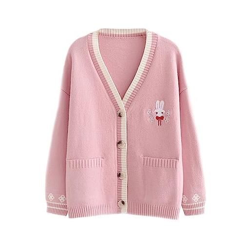 YM YOUMU kawaii coniglio ricamato cardigan maglione bottone giù maglia outwear con tasche, b-rosa, taglia unica