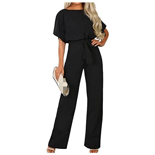 Angel ZYJ tuta estiva a maniche corte da donna girocollo elegante jumpsuit tinta unita con cintura (m, rosa)