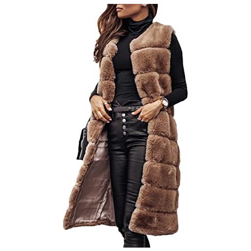 Onsoyours gilet donna pelliccia sintetica cappotto con cappuccio invernale senza maniche cardigan lungo donna elegante smanicato leggero a1 caffè m
