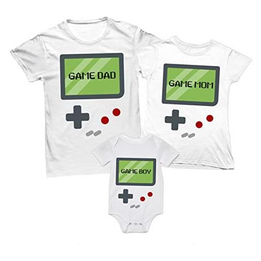 Overthetee tris t-shirt e body coordinato famiglia - retro game - videogame - game dad - game mom - game baby - tshirt mamma papà e figlio - tris di tshirt - body neonato - idea regalo