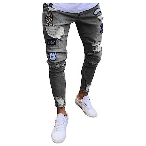 Geagodelia jeans strappati uomo stretti pantaloni in denim slim fit vita alta jeans uomo elasticizzati ricamo casual hip-hop s-3xl ragazzo regalo (a-grigio, xl)