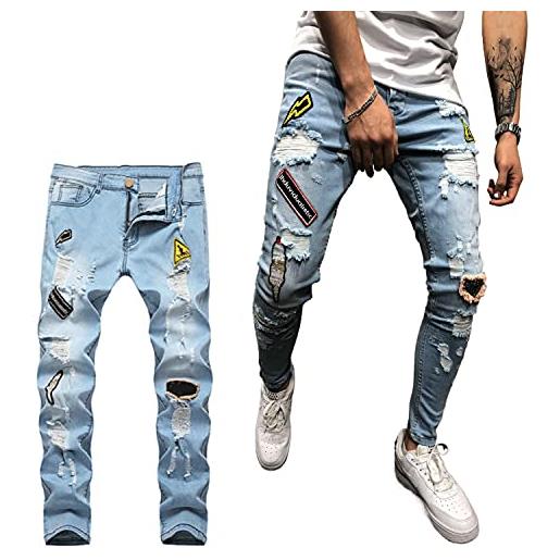 Geagodelia jeans strappati uomo stretti pantaloni in denim slim fit vita alta jeans uomo elasticizzati ricamo casual hip-hop s-3xl ragazzo regalo (a-blu, xxl)