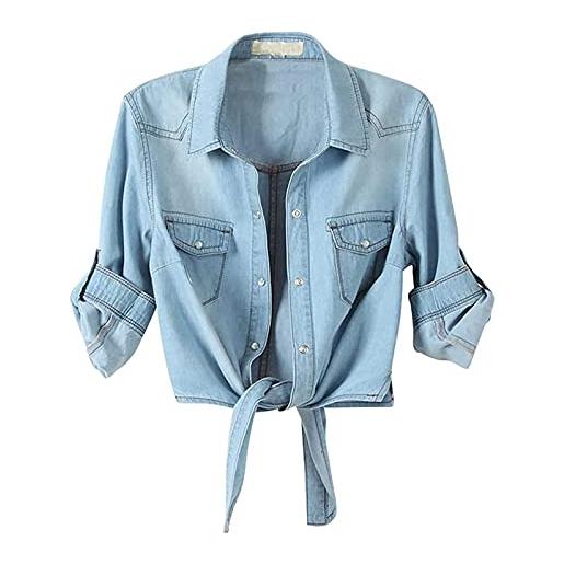 Generic maglia da donna sexy jeans camicia top con bottoni, giacca a 3/4 raccolto nodo profondo casual da donna, blu, xl