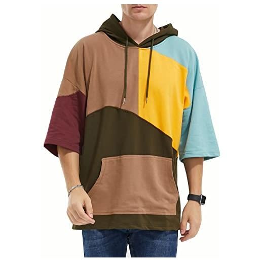 Moshtashio maglietta uomo manica corta felpe con cappuccio t shirt donna color block hoodie con tashce (cachi, s)