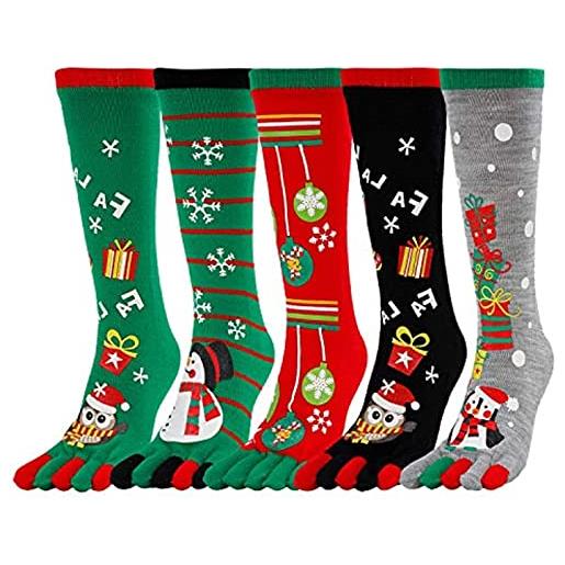 ELizoop calzini lunghi da donna con 5 dita calzini natalizi divertenti alla caviglia calzini natalizi con babbo natale alti al ginocchio per le vacanze, confezione da 5 (f)