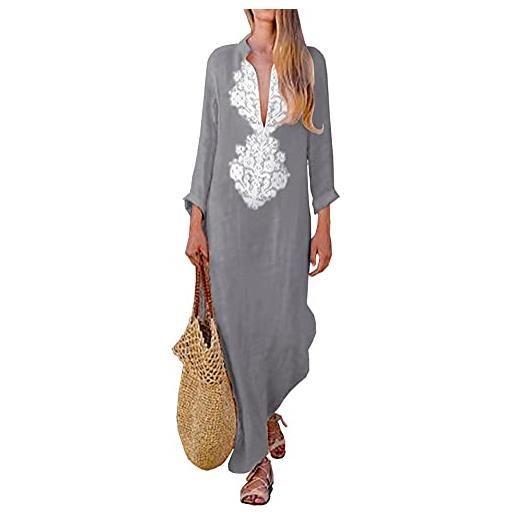 ORANDESIGNE donna vestito lungo scollo a v sciolto maniche 3/4 retro lino lunghi eleganti camicetta casual asimmetrico abito da spiaggia tinta unita d grigio 44
