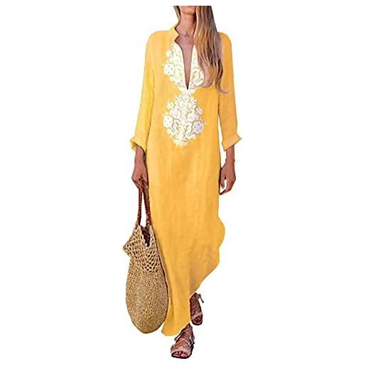 ORANDESIGNE donna vestito lungo scollo a v sciolto maniche 3/4 retro lino lunghi eleganti camicetta casual asimmetrico abito da spiaggia tinta unita d giallo 44