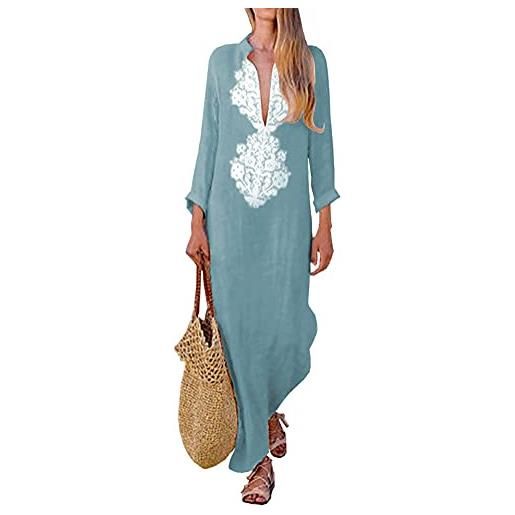 ORANDESIGNE donna vestito lungo scollo a v sciolto maniche 3/4 retro lino lunghi eleganti camicetta casual asimmetrico abito da spiaggia tinta unita d blu 40
