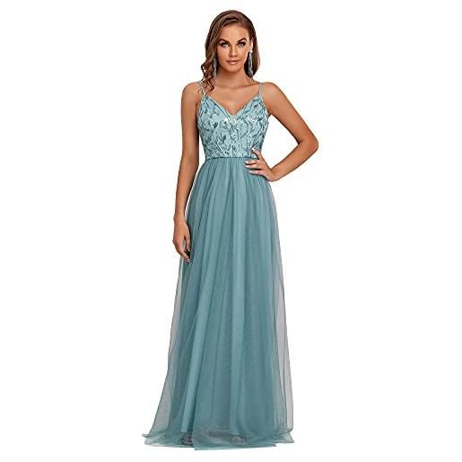Ever-Pretty abiti da sera tracolla regolabile scollo a v con paillettes tulle lunghezza del piano da donna blu polveroso 38eu