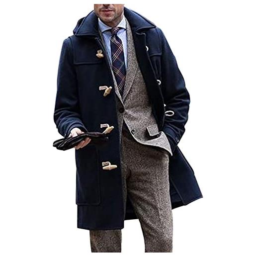 LZJDS cappotti di media lunghezza con risvolto da uomo cappotto casual dal taglio classico cappotto invernale con montgomery trench con fibbia a corna, blu, l