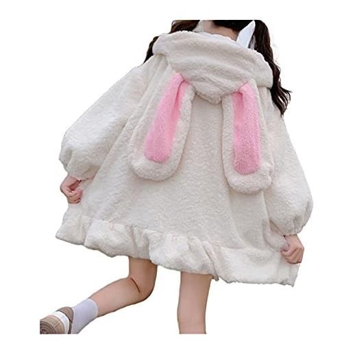 DOBRE bunny ear zip hoddie, kawaii felpa in pile autunno inverno cappotto, halloween cosplay coniglio pom coulisse cardigan giapponese, bianco, large