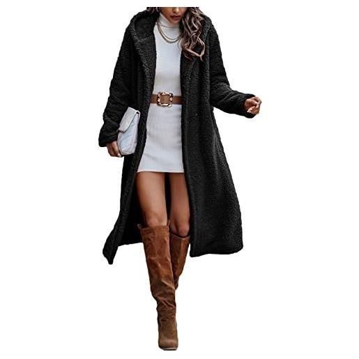 ticticlily giacca donna lunga cappotto in pile peluche cappotti eleganti casuale lunghi giubbotto con cappuccio sottile calda classico giubbotti per donna inverno a cachi l