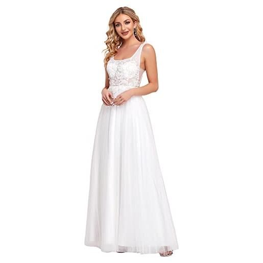 Ever-Pretty vestito da cerimonia girocollo senza maniche con appliques in tulle lunghezza del piano da donna bianco 36eu