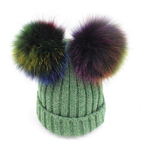 Fairy Tale Shop bobble hats cappello con pon pon in vera pelliccia di visone colorato per donna, berretto, cappellino da donna, cappellino con due pompon-stile verde