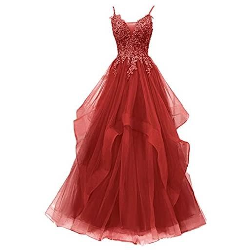 Xinaier - abito da sera lungo, in tulle, con spalline sottili, da donna, per ballo, abito da sposa, argento, 42