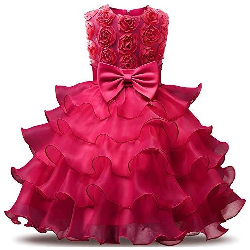 ShangSRS vestito con rose e fiocco da ragazza festa in pizzo per bambini abiti da sposa (rosa rossa, 0-6m)