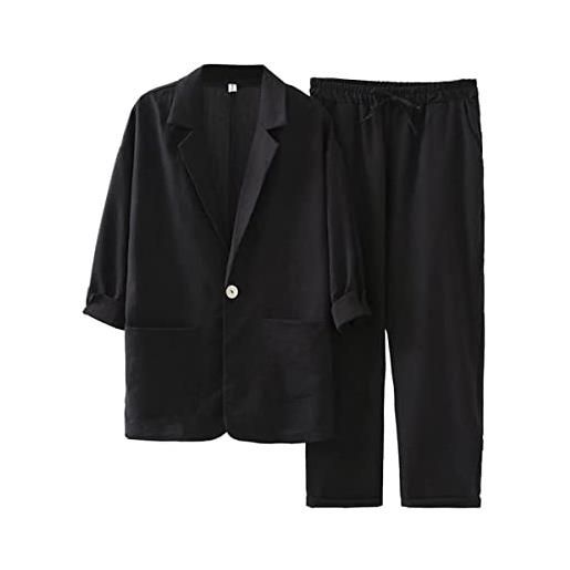 shownicer donna tailleur pantalone cotone lino set elegante sciolto manica lunga camicia risvolto elastico in vita gamba larga pantaloni autunno loungewear streetwear a nero xs