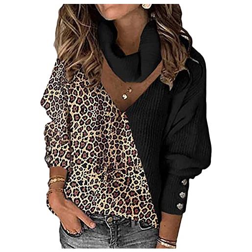 YAOTT maglione donna maniche lunghe leopardo dolcevita casual top pullover sweatshirt felpa maglieria elegante retrò maglia comodo e morbido autunno e inverno, nero, xl