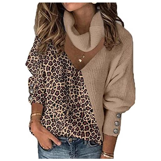 YAOTT maglione donna maniche lunghe leopardo dolcevita casual top pullover sweatshirt felpa maglieria elegante retrò maglia comodo e morbido autunno e inverno, cachi, l
