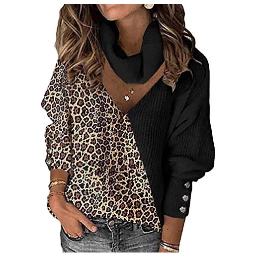 YAOTT maglione donna maniche lunghe leopardo dolcevita casual top pullover sweatshirt felpa maglieria elegante retrò maglia comodo e morbido autunno e inverno, nero, s