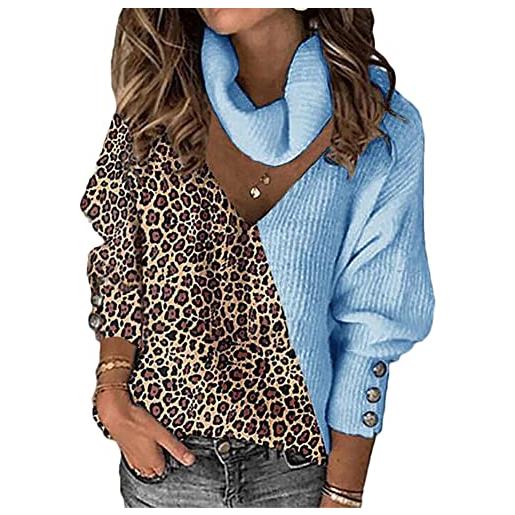 YAOTT maglione donna maniche lunghe leopardo dolcevita casual top pullover sweatshirt felpa maglieria elegante retrò maglia comodo e morbido autunno e inverno, blu, 3xl