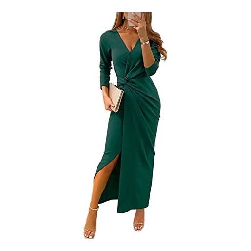 XinCDD vestiti della sera da donna abito da cerimonia donna spacchi a manica lunga con scollo a v damigella vestito lungo elegante festa (s, verde)