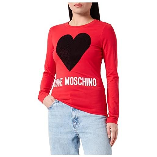 Love Moschino vestibilità aderente a maniche lunghe con maxi cuore, cuciture ricamate e logo water print t-shirt, bianco, 48 donna