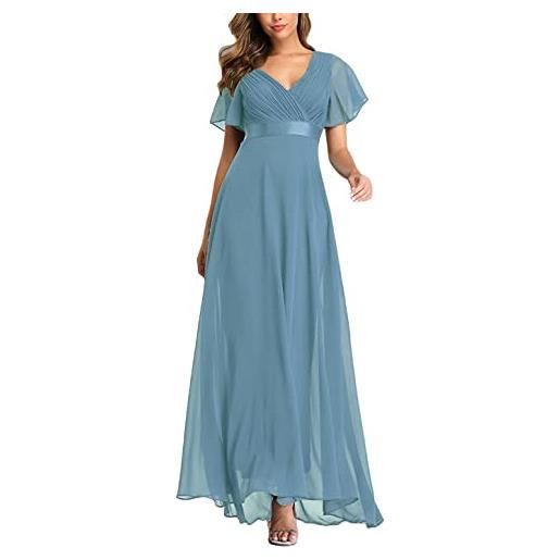 ORANDESIGNE vestito da cerimonia donna stile impero linea ad a scollo a v maniche corte vestito lungo abito da ballo sera vestito a garza a azzurro l