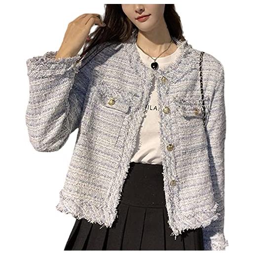 Vagbalena blazer donna a quadri in tweed bianco con tasche elegante slim lavoro ufficio affari blazer corto senza colletto taglio giacca (rosa, s)