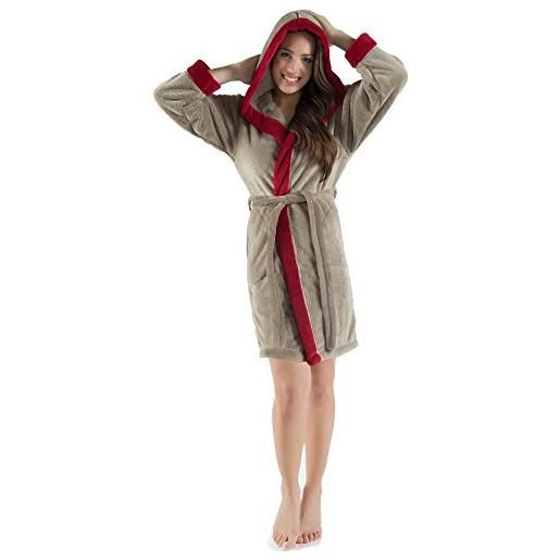 CelinaTex kos accappatoio con cappuccio bicolore corto tasche laterali donna pile di sherpa xs grigio talpa rosso bordeaux