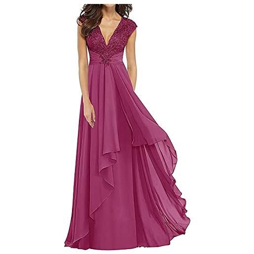 KURFACE madre della sposa sposo abito lungo volant scollo a v senza maniche abiti da sera per gli ospiti di nozze per le donne, fucsia, 42
