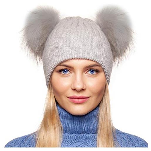 Brillabenny cappello cuffia cashmere pelliccia vera doppio pon pon berretto donna inverno hat fur murmasky (adulto, royal blue)