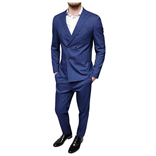 Evoga abito uomo sartoriale completo vestito doppiopetto gessato elegante cerimonia (48, blu)