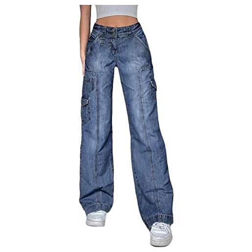 ORANDESIGNE jeans a vita bassa da donna jeans boyfriend larghi pantaloni cargo pantaloni dritti a gamba larga pantaloni jeans y2k aesthetic vintage pantaloni anni '97 e-girl streetwear p blu s
