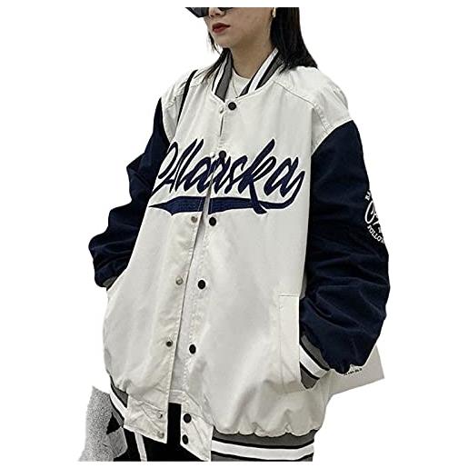 FeMereina donna manica lunga baseball giacche lettera stampa blocco di colore zip up oversize retro giacca hip-hop uniforme capispalla, h bianco, m