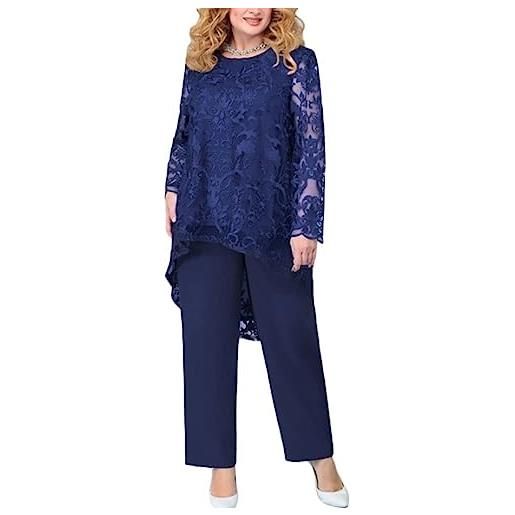 ORANDESIGNE donna vestiti da sera cerimonia abiti da damigella d'onore da sera maniche lunghe camicetta di pizzo ricamo pantaloni 2 pezzi set a blu xxl