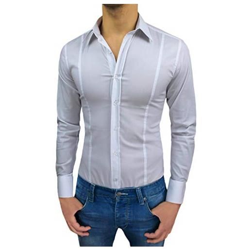 Evoga camicia uomo elegante casual slim fit elasticizzata aderente (m, bianco)