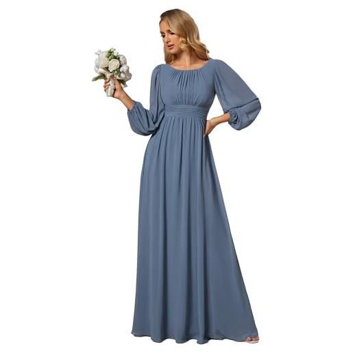Ever-Pretty vestito da sera donna lungo cintura rotondo manica lunga elegante abiti da cerimonia blu navy 58