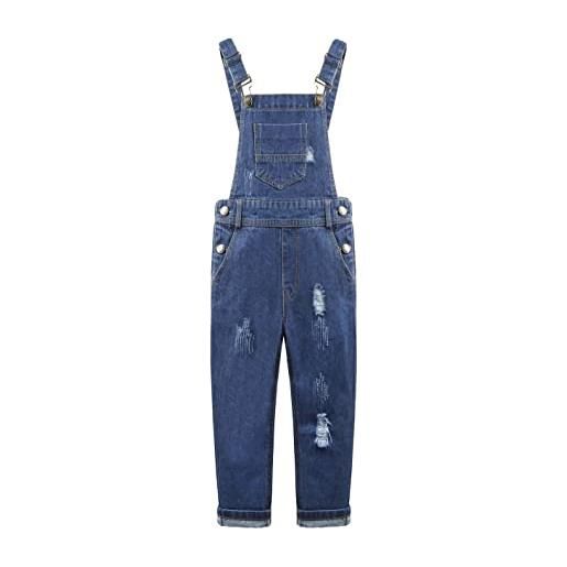 KIDSCOOL SPACE salopette di jeans per bambina, salopette di jeans attillata grande con strappi, blu, 13-14 anni