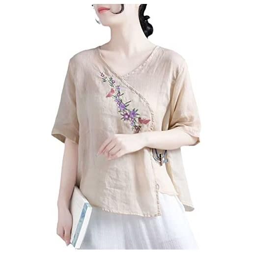 LianMz sottile maglia in cotone e lino camicia da donna a strappo etnico vintage con bottoni ricamati larghi a cinque punte albicocca m