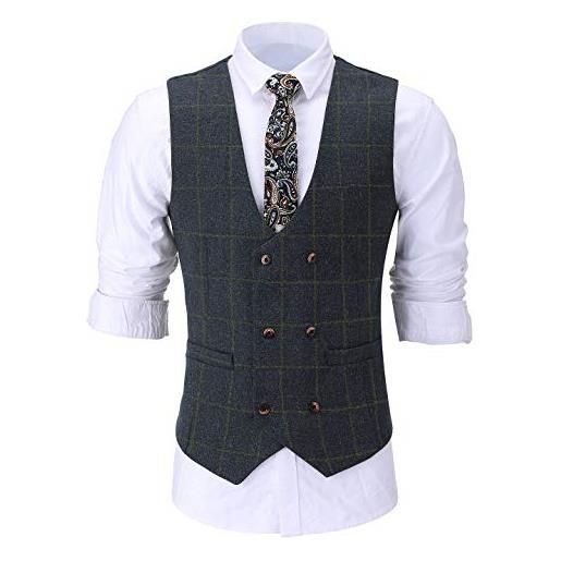 HSLS gilet da uomo in lana di tweed smoking gilet plaid doppio petto per matrimonio, caffè, x-large