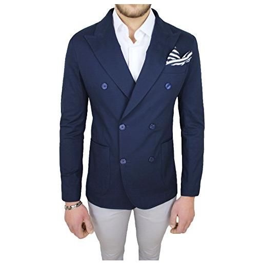 QBR sartoriale giacca uomo blu doppiopetto elegante formale in cotone (l)