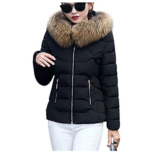 YMING piumino donna giacca invernale casual slim piumino caldo capispalla con cappuccio nero 2xs