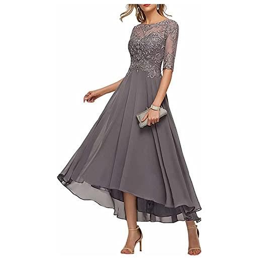 KURFACE abito da donna in pizzo con applique per madre della sposa, abito da sposa a trapezio, mezze maniche, abito da sera per feste, grigio, 56
