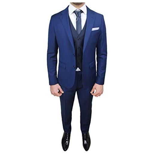 Mat Sartoriale abito completo uomo sartoriale blu set vestito coordinato con gilet cravatta e pochette da taschino (52)